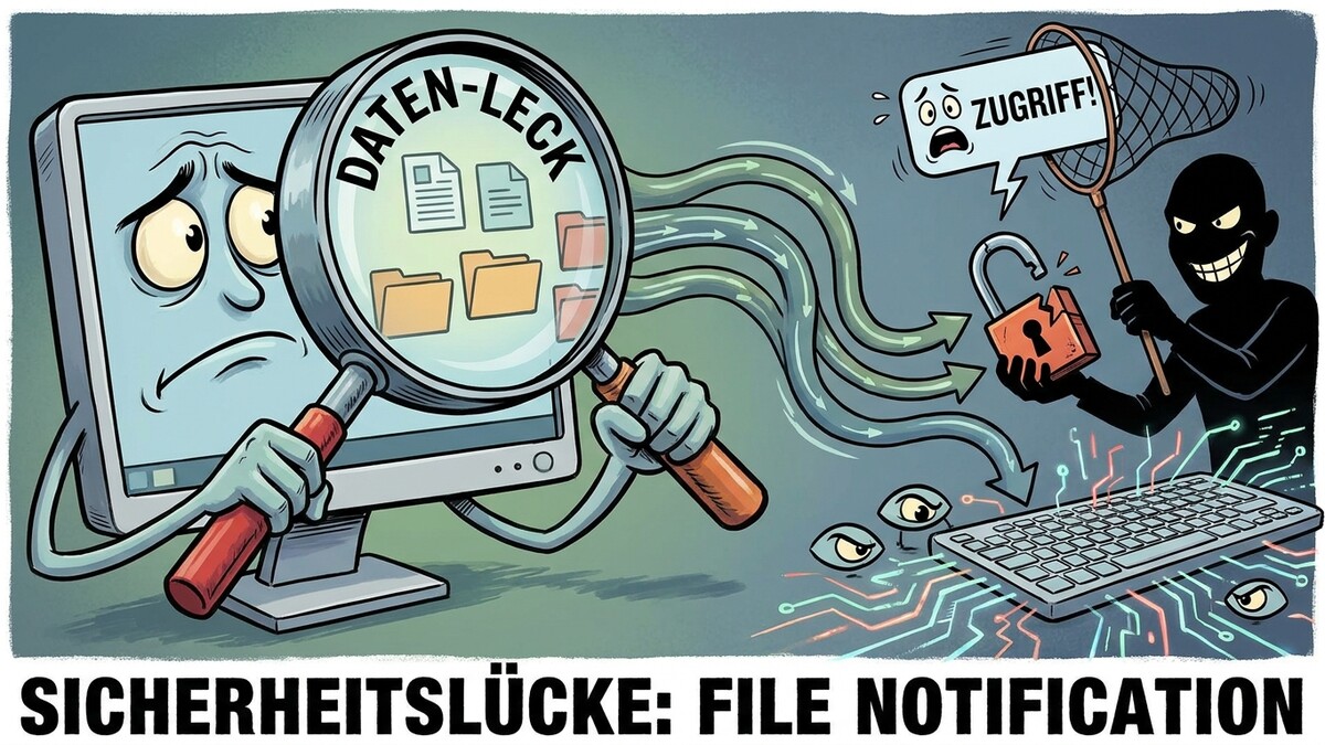 Datenleck: Trauriger Computer mit Lupe, Hacker fängt "Zugriff!" mit Netz, aufgebrochenes Schloss