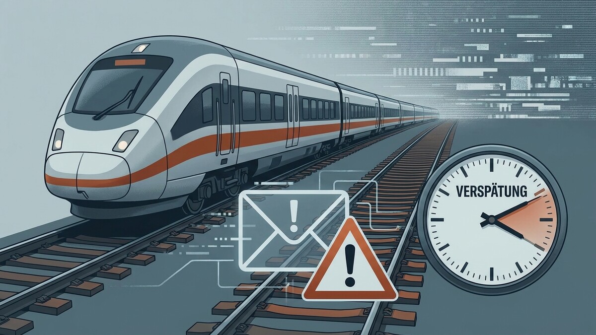 Zugverspätung: Warnsymbol und Uhr zeigen Verspätung auf der Bahnstrecke