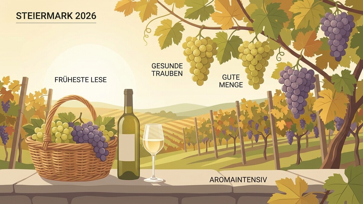 Steiermark 2026: Weinlese mit Traubenkorb, Flasche und Glas vor Weingarten