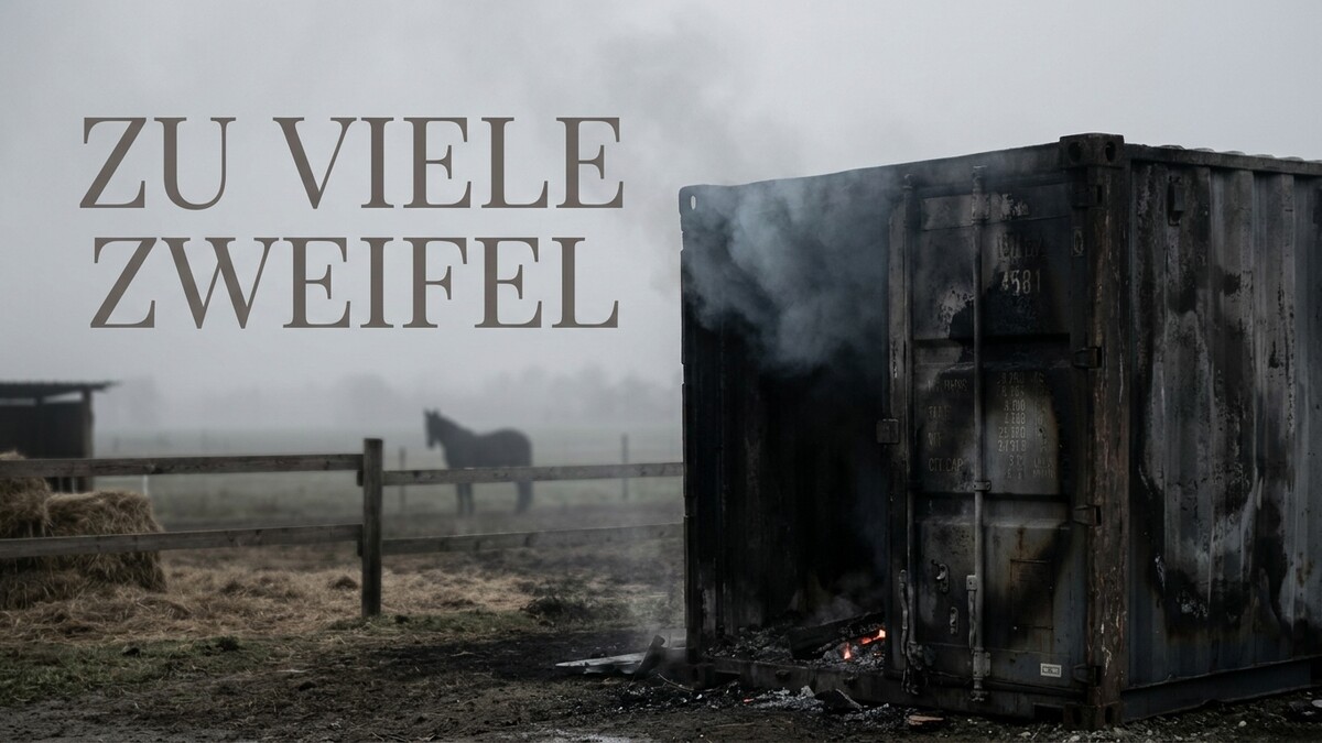 Brennender Container raucht neben Pferd auf Weide in Nebel