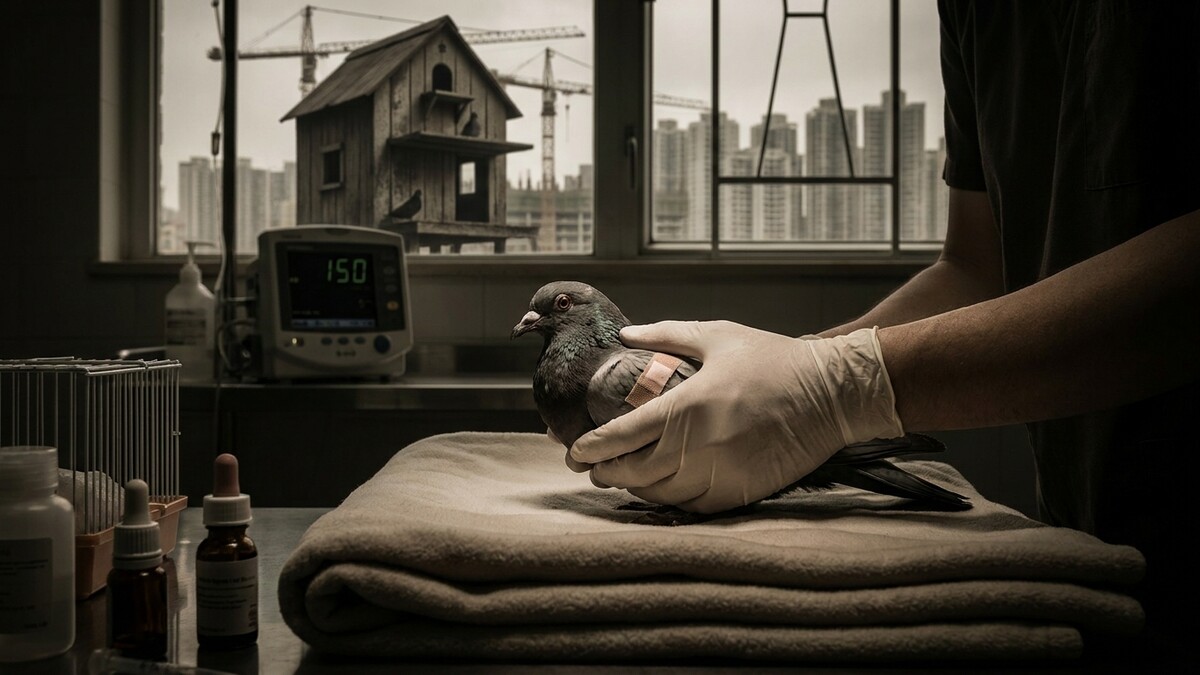 Taube mit Pflaster am Flügel wird von behandschuhten Händen gehalten, im Hintergrund ein Vogelhaus.