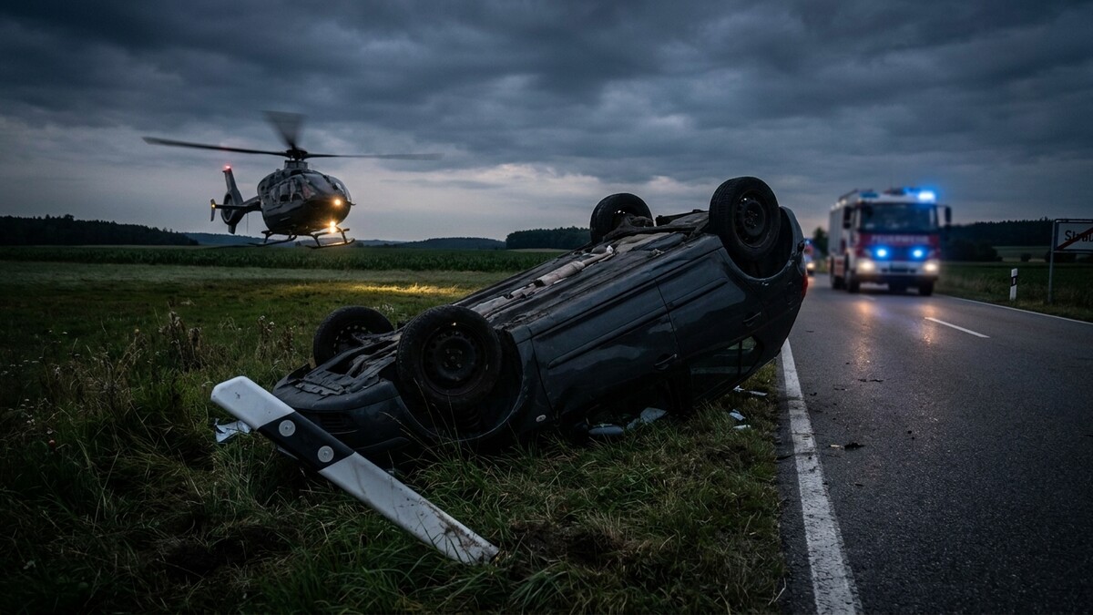 Unfall mit umgekipptem Auto, Hubschrauber und Feuerwehrauto im Abendlicht auf Landstraße
