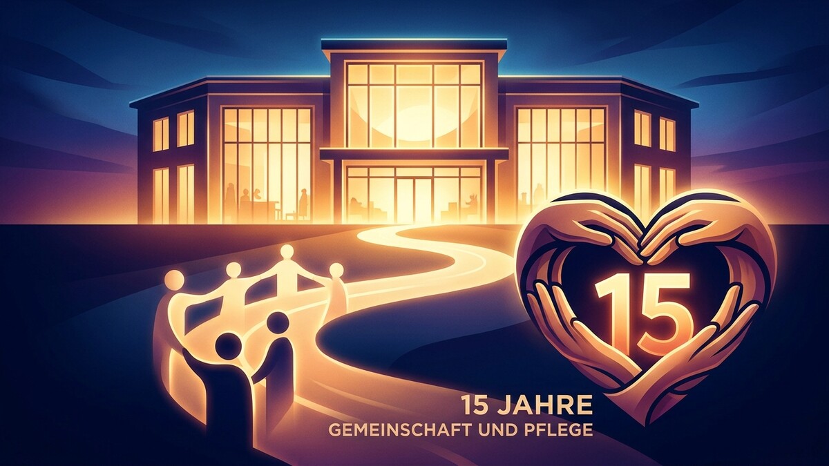 15 Jahre Gemeinschaft und Pflege: Hände formen Herz, Menschenkette führt zu Gebäude