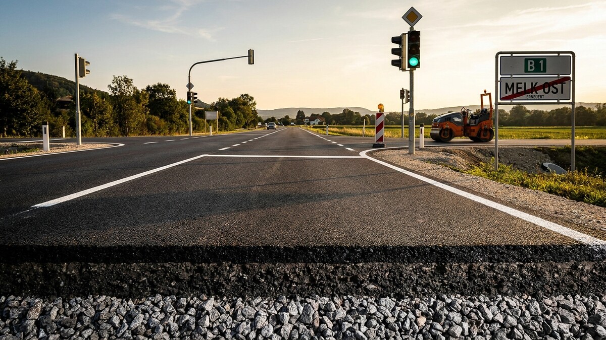 Straßenbau mit Walze bei Melk Ost, B1, Erneuerung der Asphaltdecke