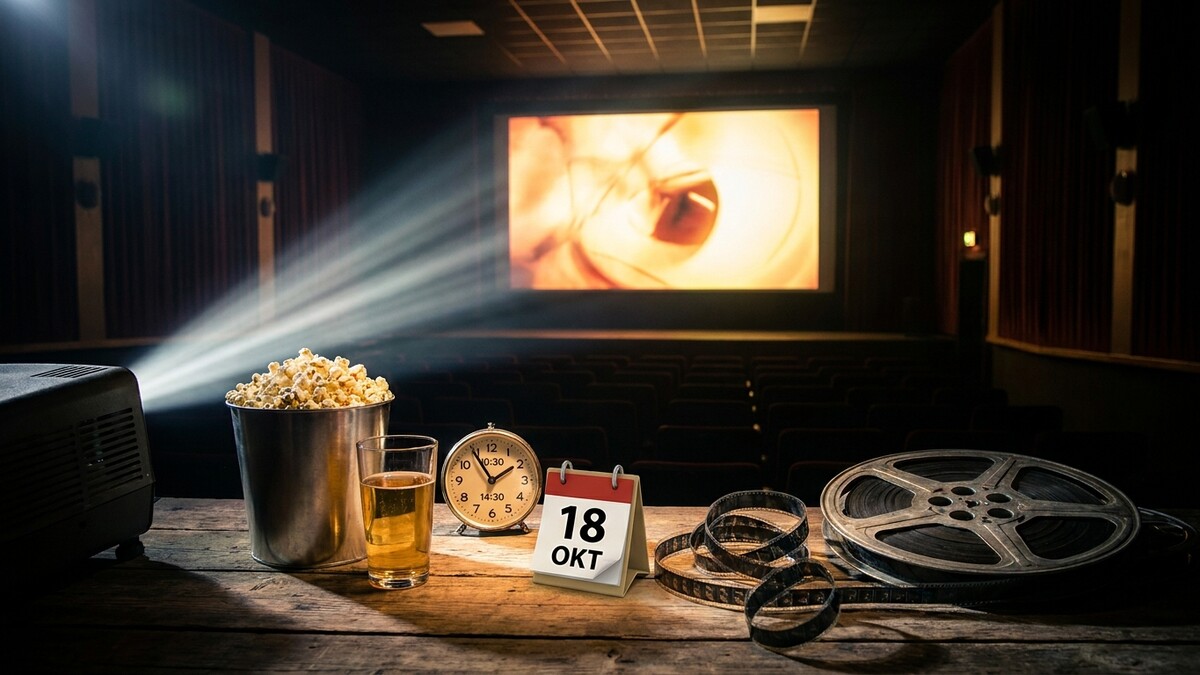 Kinoabend mit Popcorn, Bier, Kalender und Filmrolle vor Kinoleinwand
