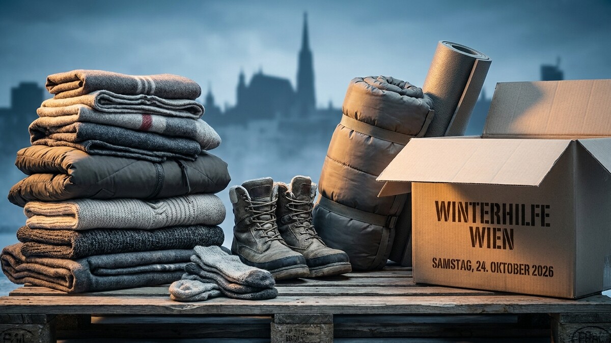 Winterhilfe Wien: Kleidung, Schuhe und Karton mit Spendenhinweis am 24. Oktober 2026