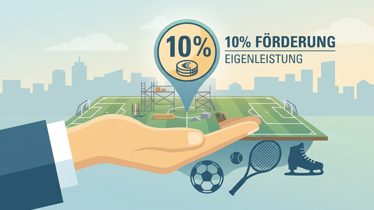 Förderung Eigenleistung 10% mit Fußballfeld, Tennis und Eislaufschuh-Symbolen