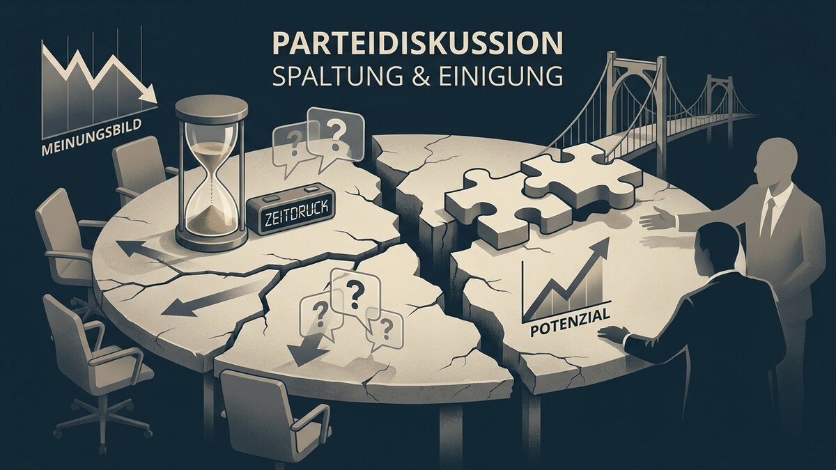 Parteidiskussion: Zerbrochener Tisch mit Zeitdruck, Rätselfragen und Potenzial-Diagramm