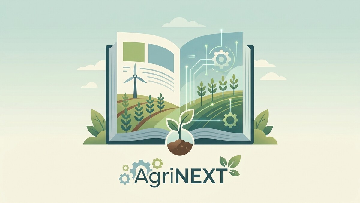 AgriNEXT Buch mit Windrad und Technik auf Feldern