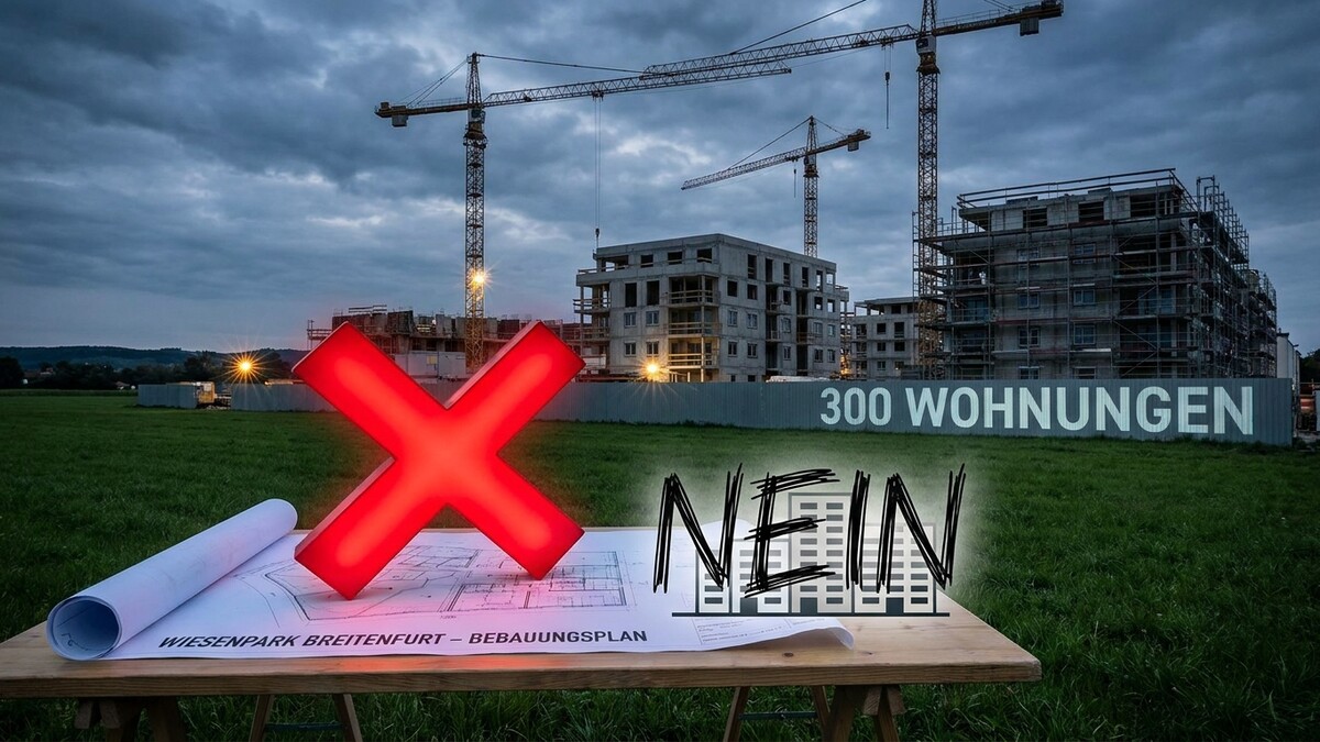 Wohnbauprojekt Breitenfurt: Bausperre mit rotem X und Schriftzug "NEIN" vor Rohbauten