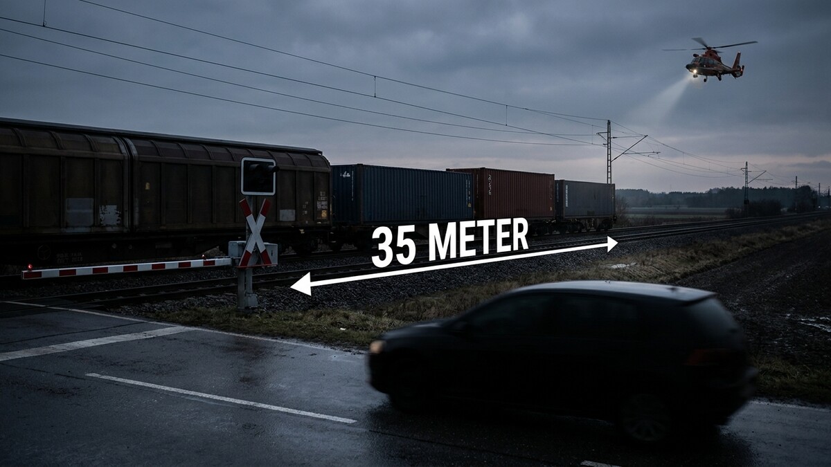 Helikopter über Bahnübergang mit Zug und Auto, 35 Meter Abstand