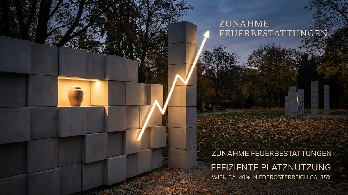 Zunahme Feuerbestattungen, Urne in Nische, steigender Graph, Wien