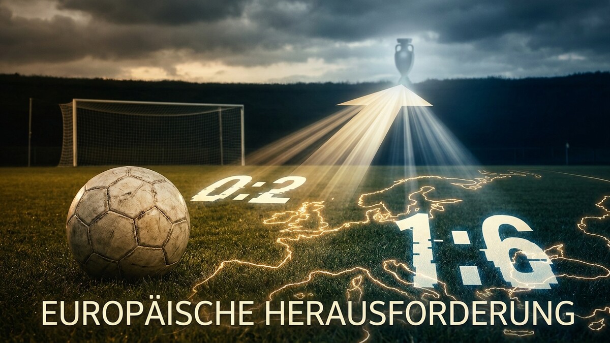 Europäische Herausforderung: Fußball und Europa-Karte mit Ergebnissen 0:2 und 1:6