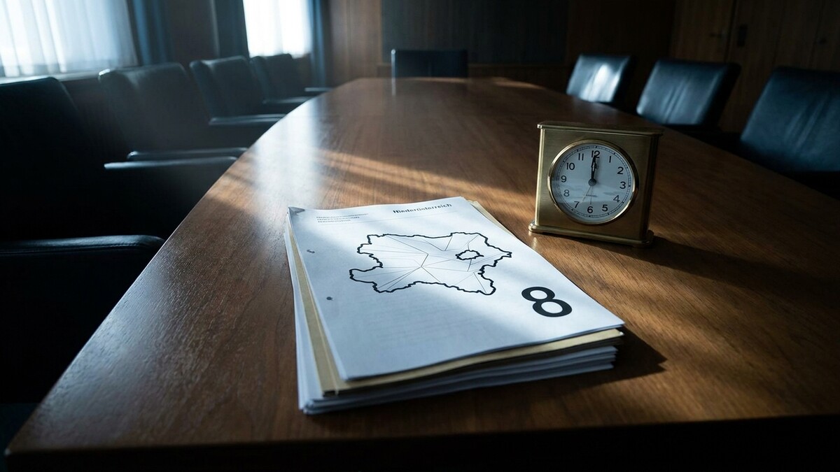 Sitzungstisch mit Unterlagen und Uhr, Nummer 8, Wien