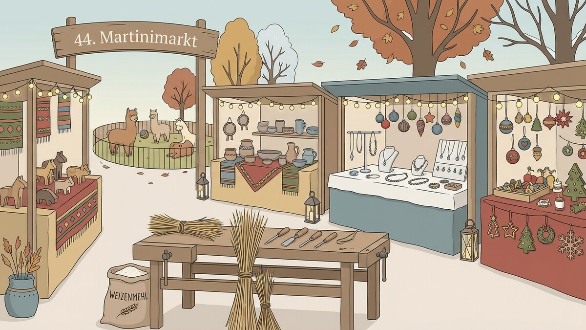 Martini-Markt mit Alpakas, Töpferwaren, Schmuck und Weihnachtsdeko