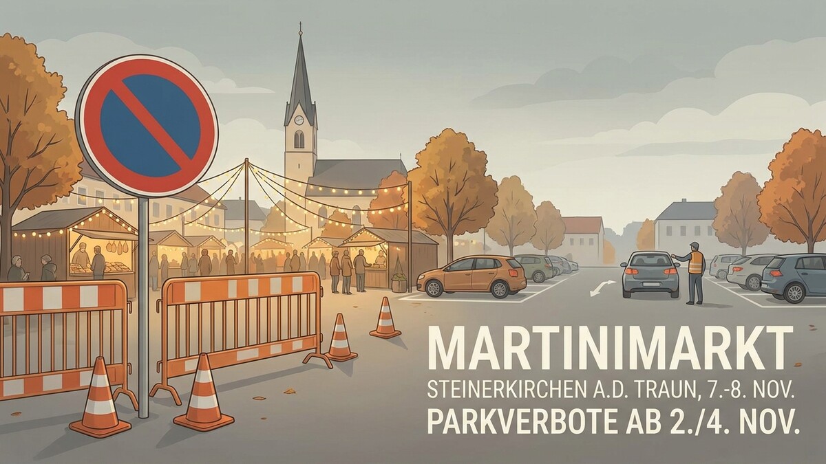 Martinimarkt Steinerkirchen a.d. Traun mit Verkaufsständen, Parkverboten und einem Ordner, der Autos dirigiert.
