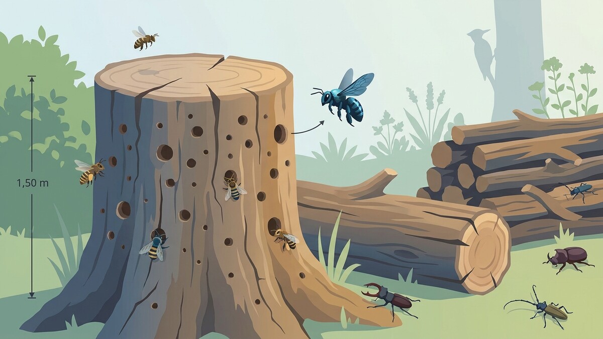Bienen und Käfer tummeln sich an einem Baumstumpf mit Löchern und Holzstämmen.