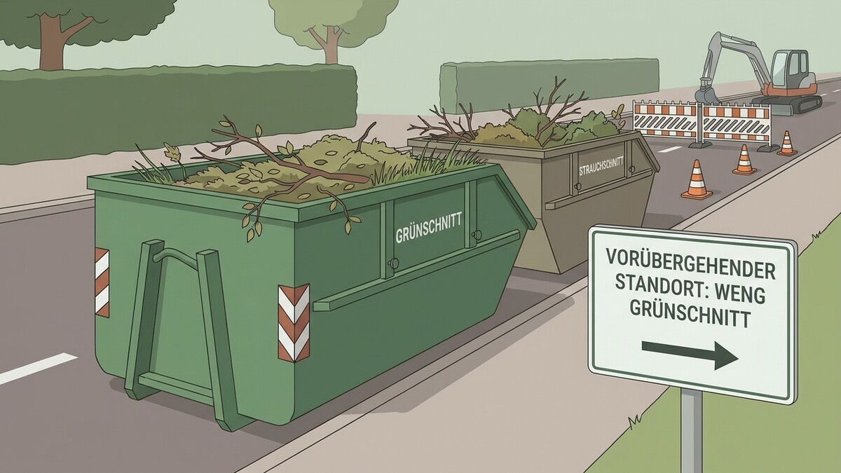 Grünschnitt-Container und Baustelle mit Bagger und Absperrung, temporärer Standort Weng.