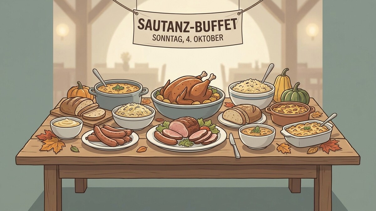 Sautanz-Buffet mit Braten, Gans und Würsteln am Tisch in Österreich