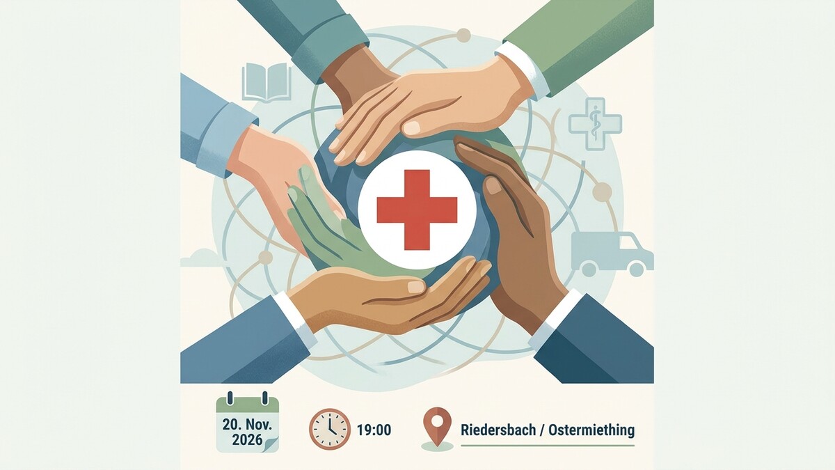 Hände um die Welt mit rotem Kreuz und Symbolen für Gesundheit und Transport in Riedersbach / Ostermiething.