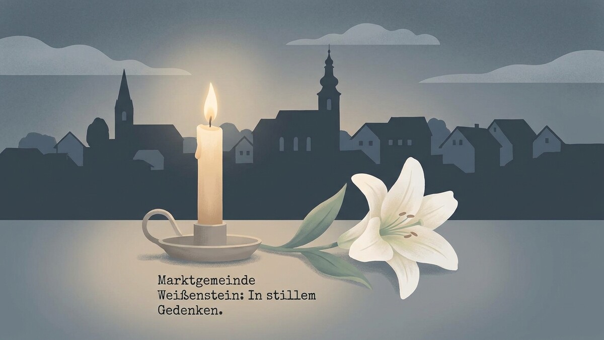 Marktgemeinde Weißenstein: brennende Kerze und weiße Lilie vor Silhouette von Häusern.