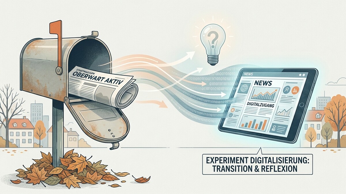Zeitungsübergang von Briefkasten zu Tablet mit Digitalisierungs-Experiment-Hinweis