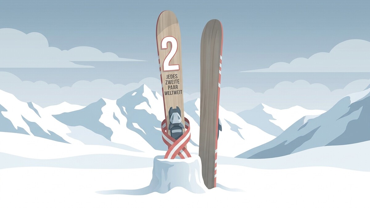 Ski mit der Zahl 2 und der Aufschrift "Jedes zweite Paar weltweit" vor Alpenpanorama