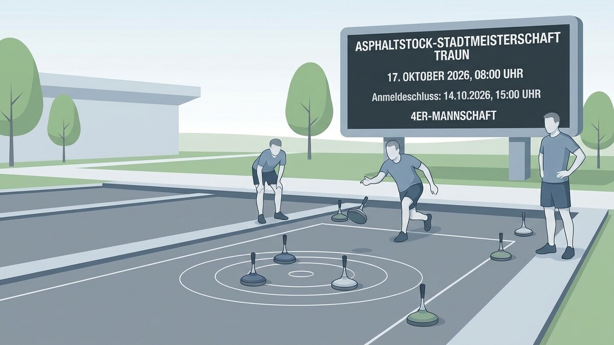 Asphaltstock-Stadtmeisterschaft Traun mit Spielern und Informationstafel