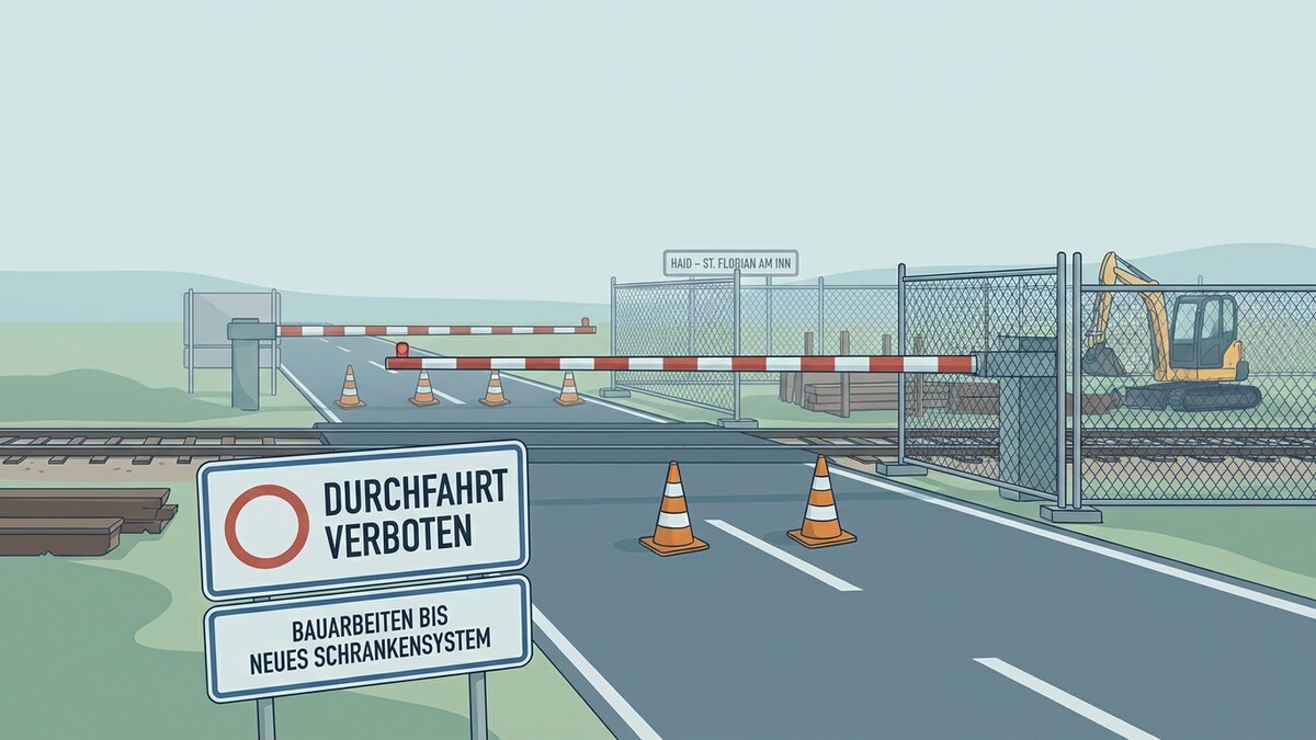 Bahnübergang Haid-St. Florian am Inn mit Schranken und Baustellenschild