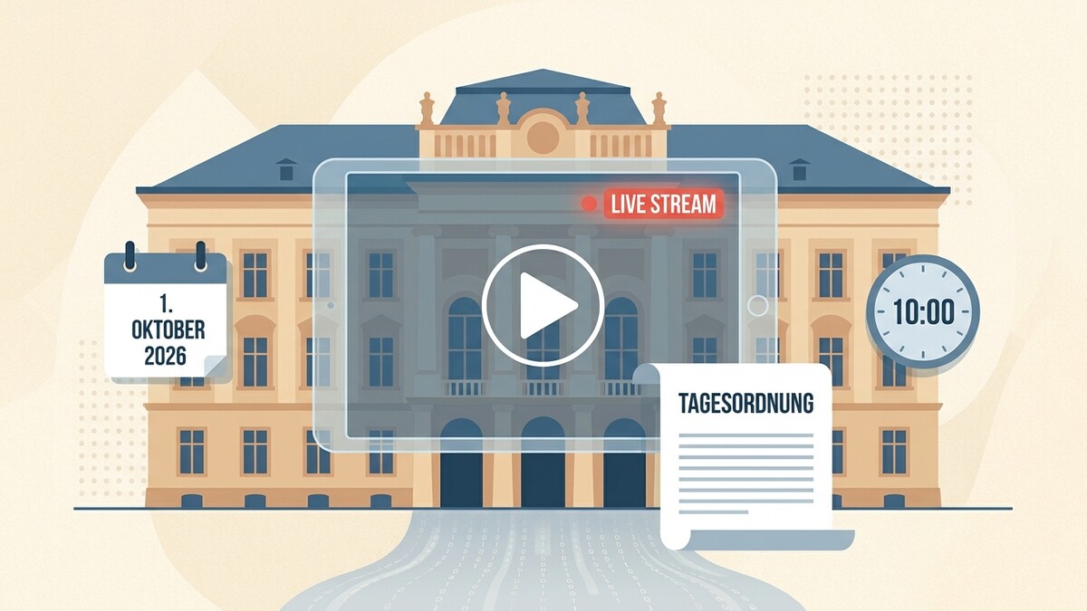 Live Stream einer Tagesordnung am 1. Oktober 2026 um 10:00 Uhr vor einem Gebäude