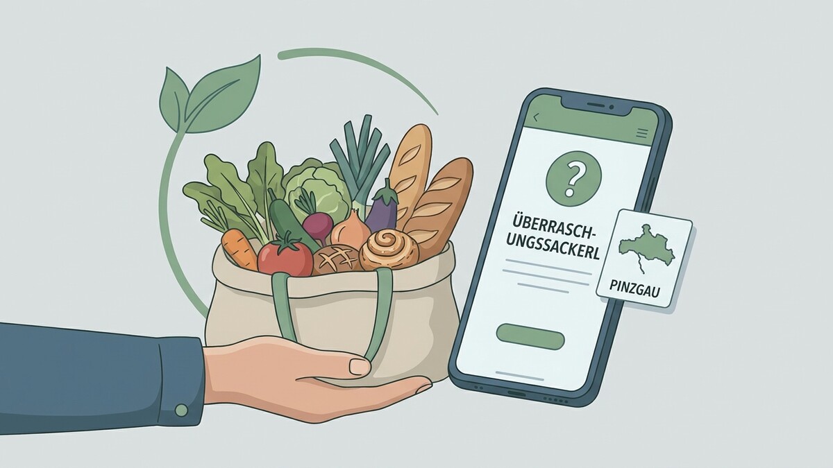 Überraschungssackerl mit Lebensmitteln und Smartphone mit Pinzgau-Karte