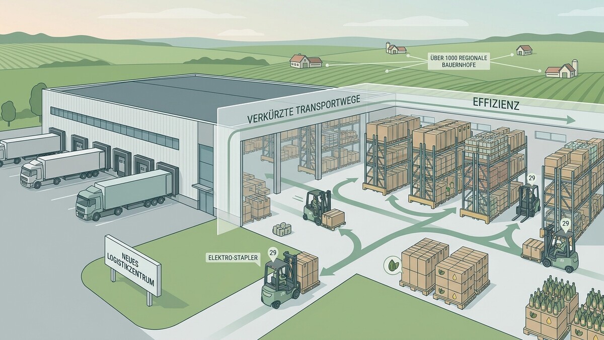 Logistikzentrum mit LKWs, Gabelstaplern und Lagerregalen, umgeben von Feldern und Bauernhöfen.