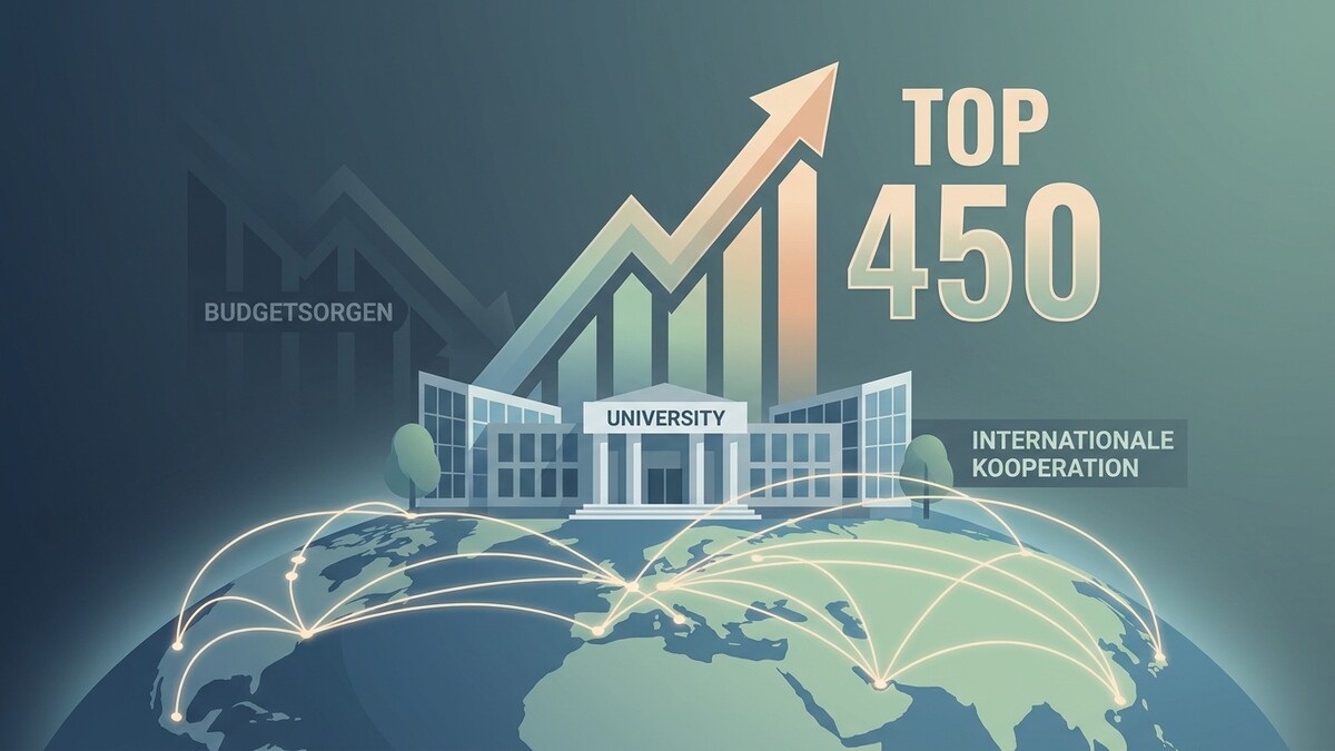 Universitätsgebäude mit Wachstumsgrafik, Text „TOP 450“ und „Internationale Kooperation“