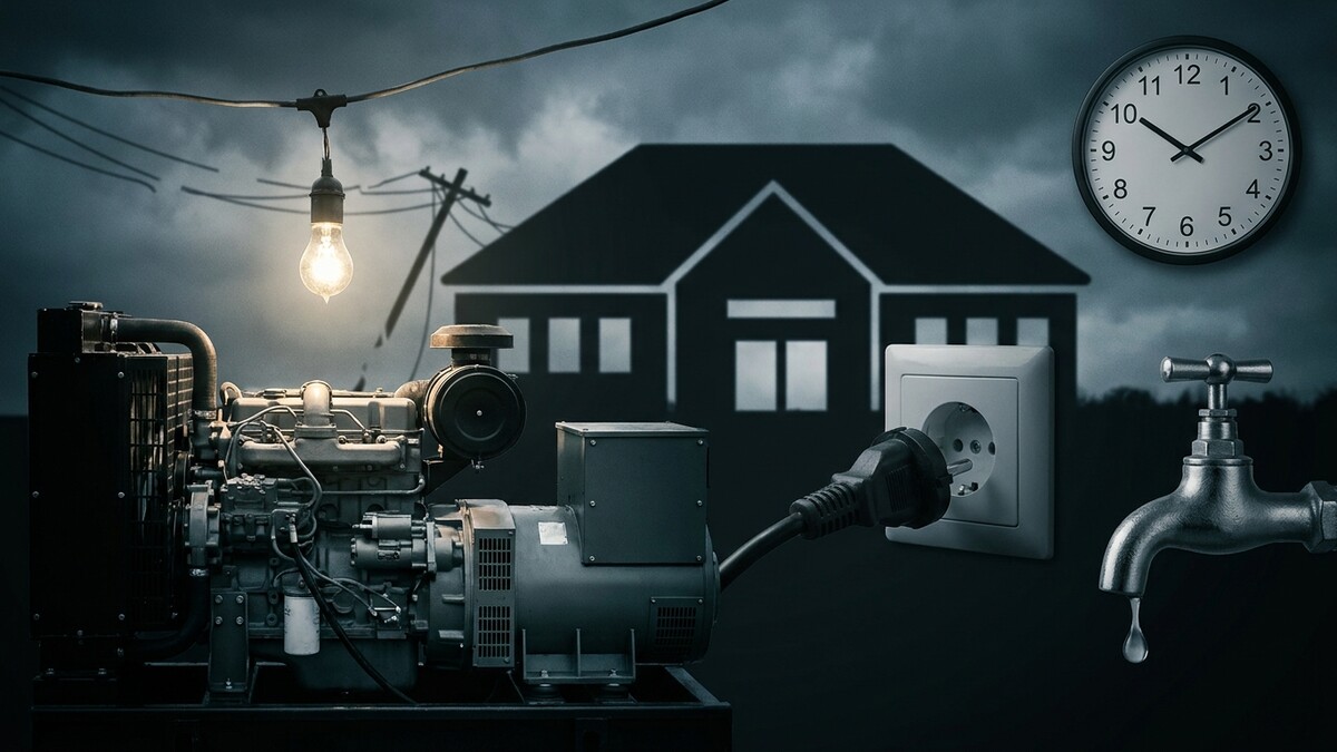 Stromgenerator versorgt Haus, Steckdose, tropfenden Wasserhahn und Uhr bei Nacht