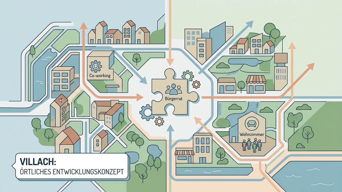 Villach: Entwicklungskonzept mit Bürgerat und Co-working-Bereich in stilisierter Darstellung