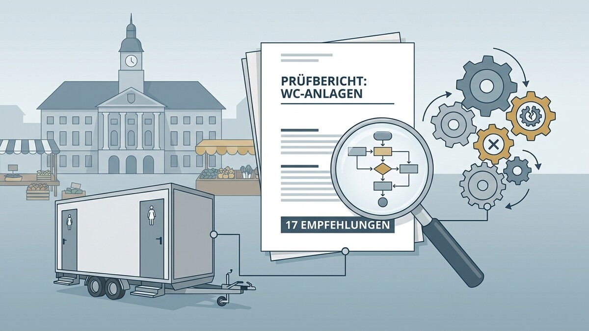 Prüfbericht WC-Anlagen mit Flussdiagramm, Zahnrädern und mobiler Toilette vor Rathaus