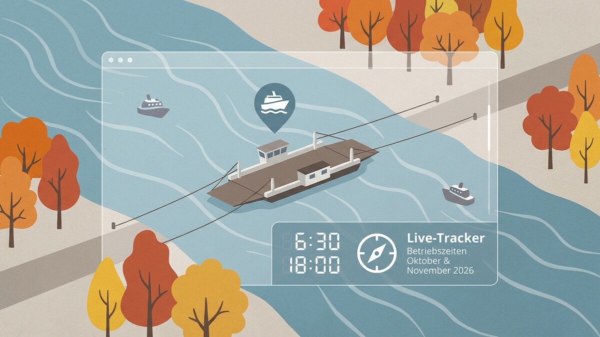 Fährschiff auf einem Fluss mit Live-Tracker-Anzeige und Herbstbäumen im Hintergrund