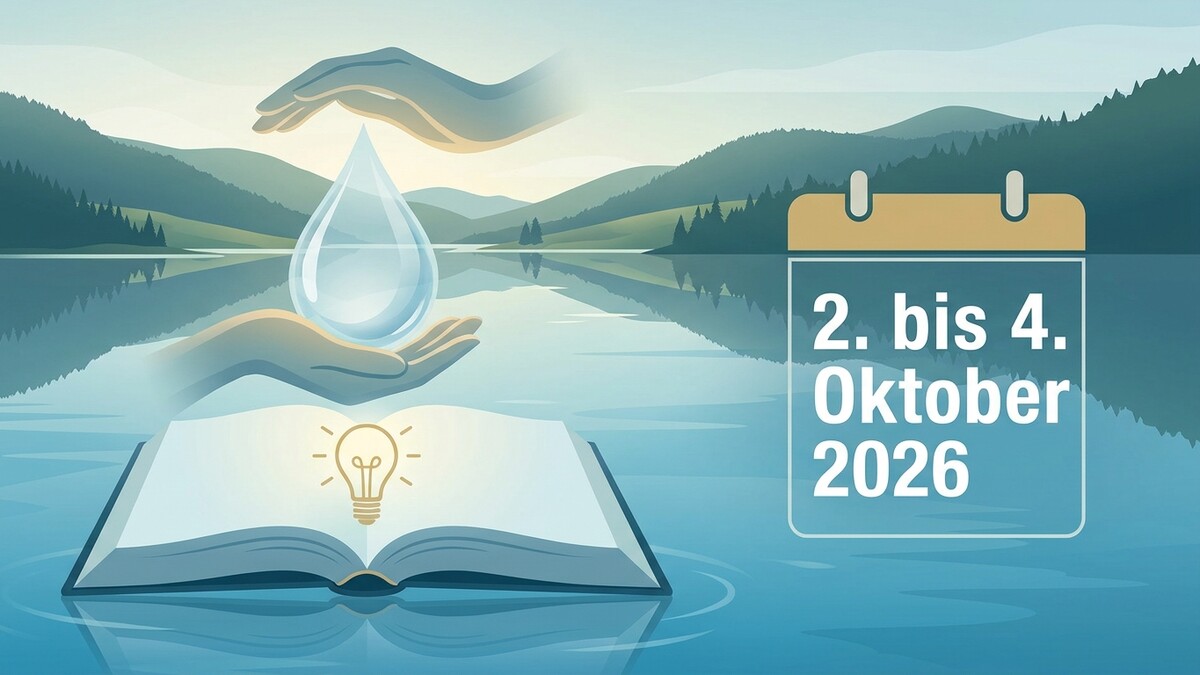 Wasser-Symbol über offenem Buch mit Glühbirne, Kalender 2. bis 4. Oktober 2026