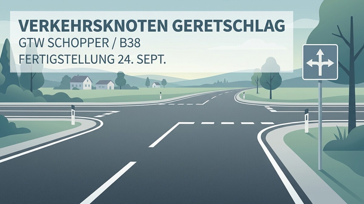 Verkehrsknoten Geretschlag GTW Schopper B38 Fertigstellung 24. Sept. mit Wegweiser