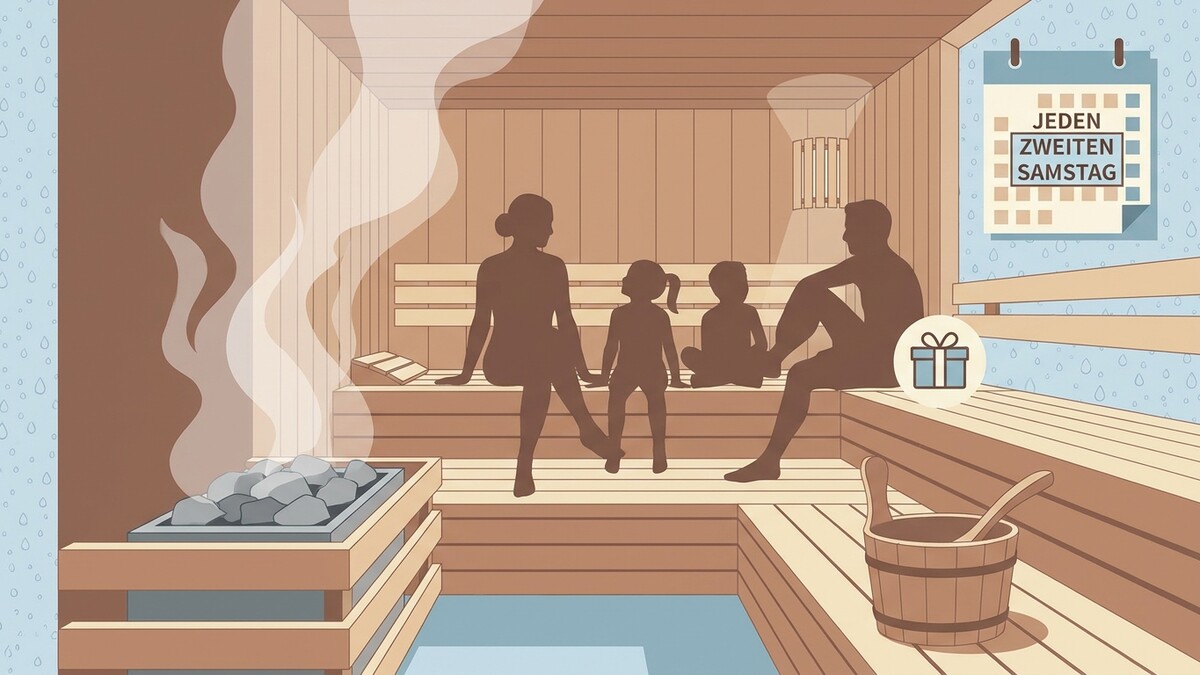 Familie in der Sauna mit Kalender "Jeden zweiten Samstag" und Geschenk-Symbol