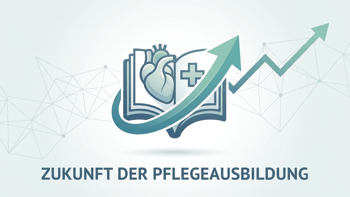 Pflegeausbildung: Buch mit Herz und Kreuz, Pfeil nach oben, Grafik