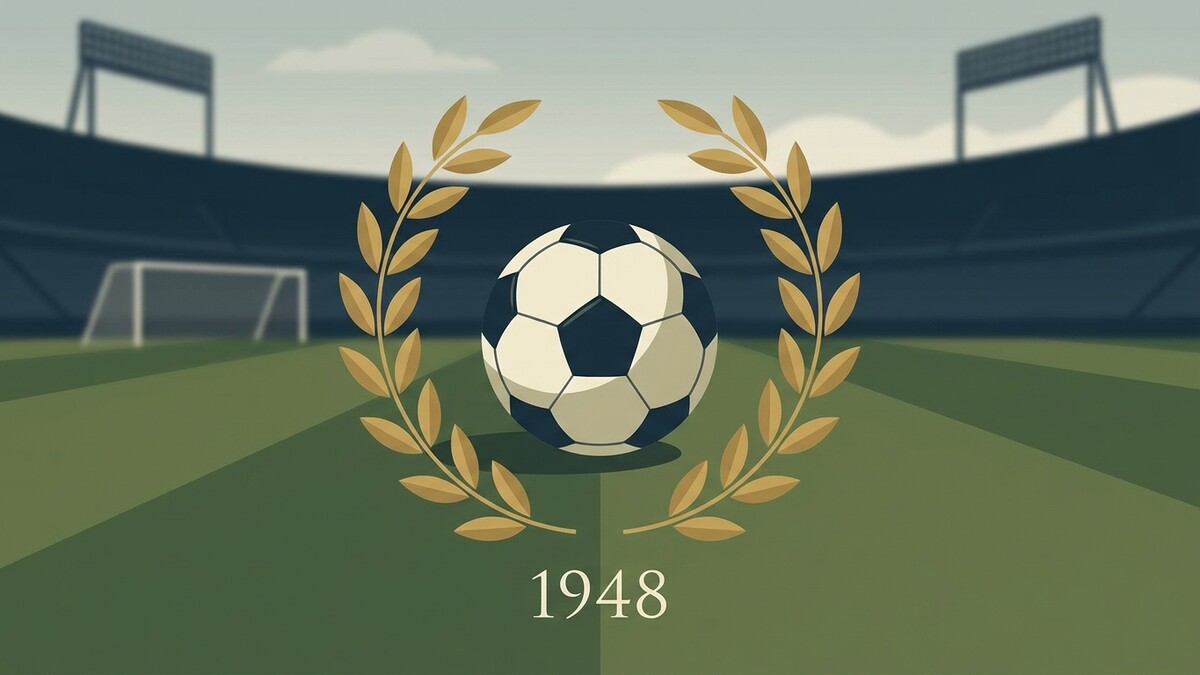 Fußball mit Lorbeerkranz und Jahreszahl 1948 vor Stadion