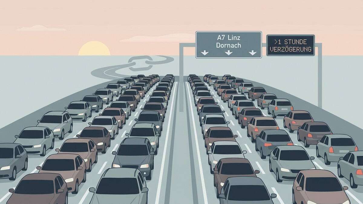 Stau auf A7 Linz-Dornach mit über einer Stunde Verzögerung bei Sonnenuntergang