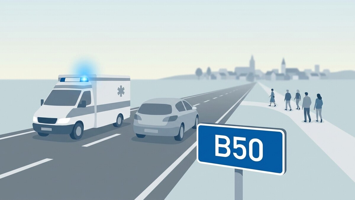 Rettungswagen mit Blaulicht und Auto auf der B50, dahinter eine Stadtansicht.