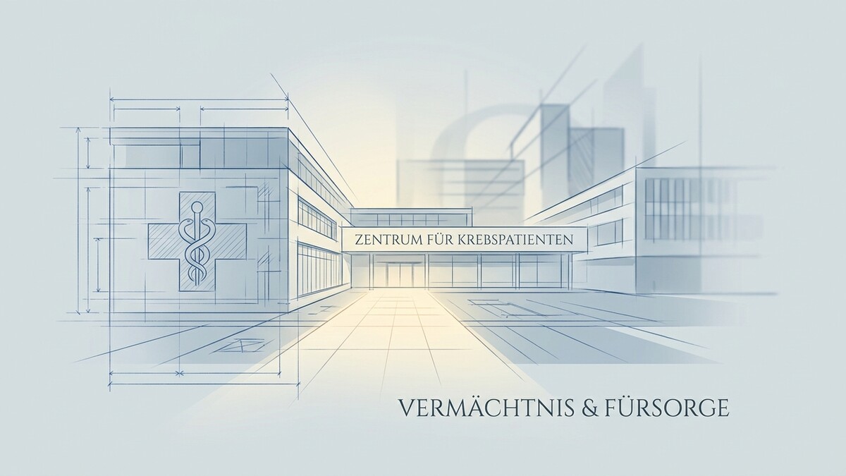 Zentrum für Krebspatienten als Architekturzeichnung mit Kreuz und Äskulapstab, Vermächtnis & Fürsorge