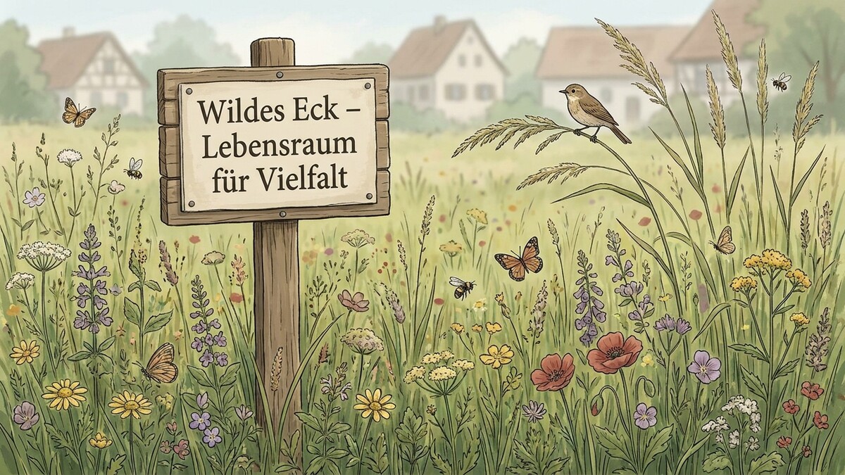 Wildblumenwiese mit Schild "Wildes Eck – Lebensraum für Vielfalt", Schmetterlingen, Bienen und Vogel