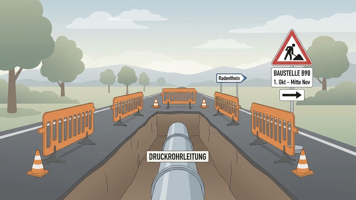 Druckrohrleitung Baustelle B98 mit Absperrungen und Hinweisschildern bei Radenthein