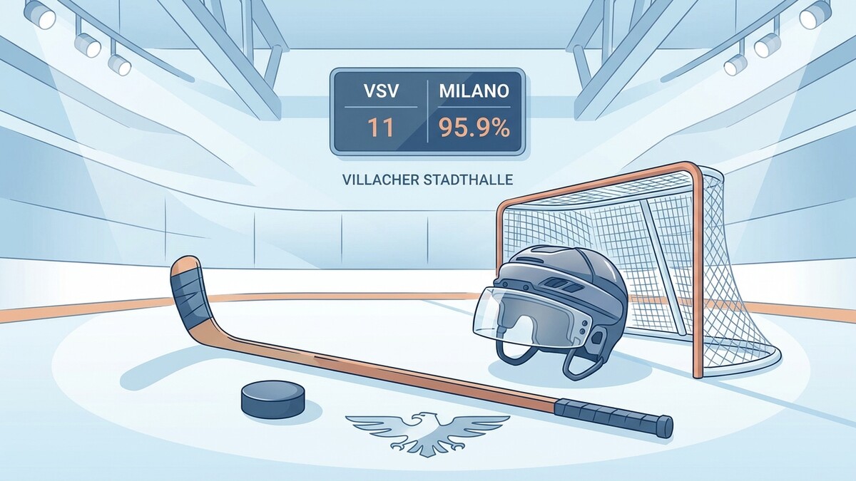 Eishockey-Tor, Helm und Stock mit Puck in Villacher Stadthalle