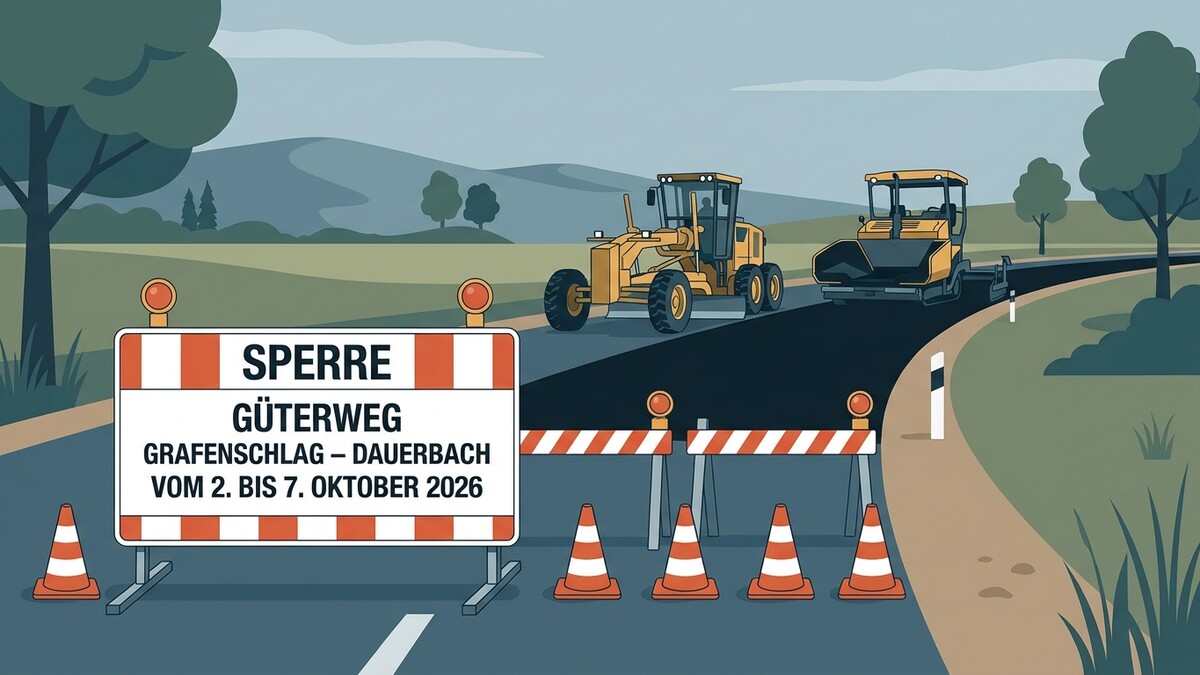Straßensperre Güterweg Grafenschlag-Dauerbach mit Baumaschinen und Verkehrskegeln