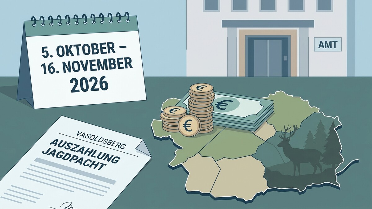 Jagdpachtauszahlung Vasoldsberg: Kalender, Geld, Hirsch und Amt.